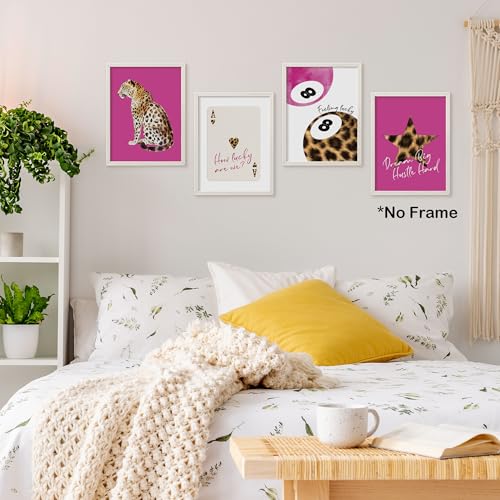 TLESKE Hot Pink Preppy Cheetah Leopard Posters Unframed 12x16 Set of 4 | Hot Pink Trendy Lucky 8 Balls Wall Art Prints Decor for Teen Girls Dorm Bedroom, Retro Cheetah Print Wall Pictures - color: hot pink cheetah, size: 16L" x 12W"