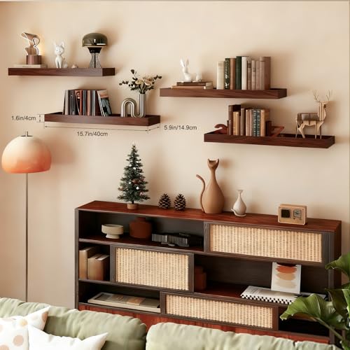 Floating Shelves for Wall, Wooden Wall Shelves for Bedroom Living Room Kitchen, Modern and Rustic Bathroom Shelves with Raised Lip, Decor Floating Shelf for Storage (Walnut-Like,2 Set,15.7 in) - color: Walnut-like