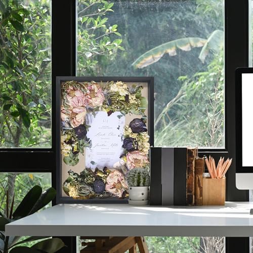 GraduationMall 18x24 Wood Shadow Box Frame Glass Door Display Case with Linen Back and 6 Stick Pins,1.5 inches Interior Depth,Ideal for Memorabilia Pictures Flowers Medals Tickets Rustic Black - color: Rustic Black, size: 18x24