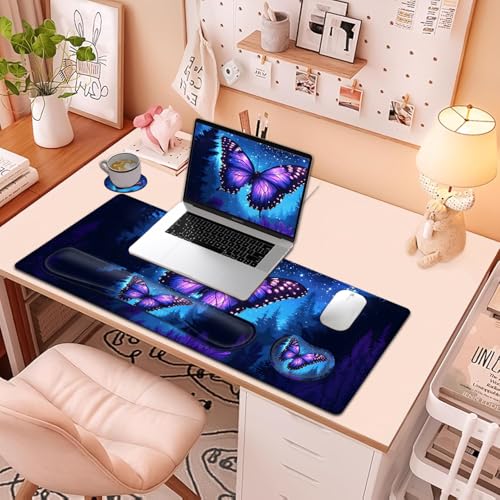 Large Mouse Pad + Keyboard Wrist Rest Set, Extended Gaming Mousepad (31.5X11.8 inch) with Non-Slip Rubber, Ergonomics Memory Foam Mouse Wrist Rest Support, Beautiful Butterfly Pattern XXL Desk Pad - color: Yu-Mouse Pad-3-B44