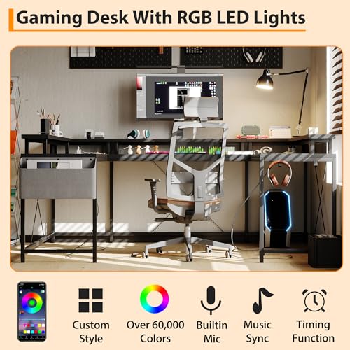 U Shaped Desk with Power Outlet & LED Lights, 79" Reversible Computer Desk with Monitor Stand, Wood Home Office Desks Gaming Desk with Shelving, Side Storage Pockets, Black - color: Black