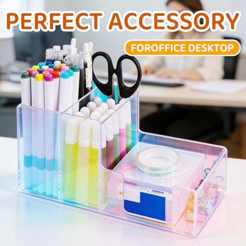 Iridescent Acrylic Desk Organizer with 3 Compartments - Clear Pencil Holder for Office, School & Home - Large Capacity Stationery Storage for Pens, Scissors, Sticky Notes, Paper Clips - Non-Slip Base - color: Iridescent