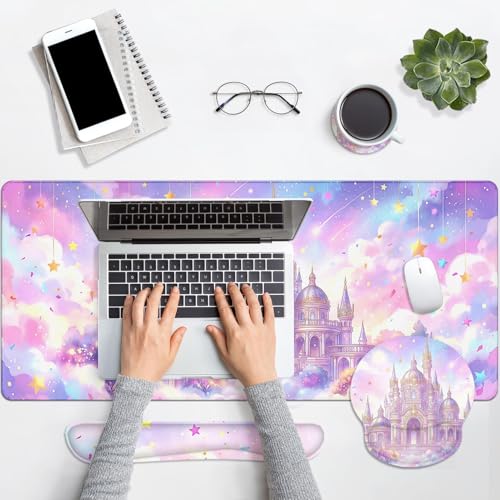 Arttown Pink Castle Desk Mat Star Ribbons Mouse Pad Set 4 in 1 Ergonomic Design Large Mouse Pad + Keyboard Wrist Rest + Mouse Wrist Rest + Coaster Suitable for Home Office Study Game - color: Pink Castle