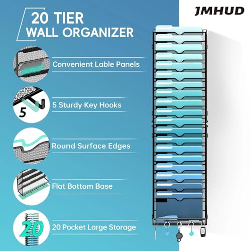 20-Tier Wall File Organizer with 5 Hooks, Hanging Mail Organizer Wall Mounted File Holder, Magazine Rack for Papers, Folders, Magazines, Office Organization, Assembly Needed, Black - color: Black, size: 20 Tier