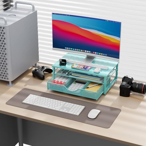 gianotter Computer Monitor Stand Riser, office organizer with Drawer, Office Organizers Storage for Classroom Office Supplies (Blue) - color: Blue