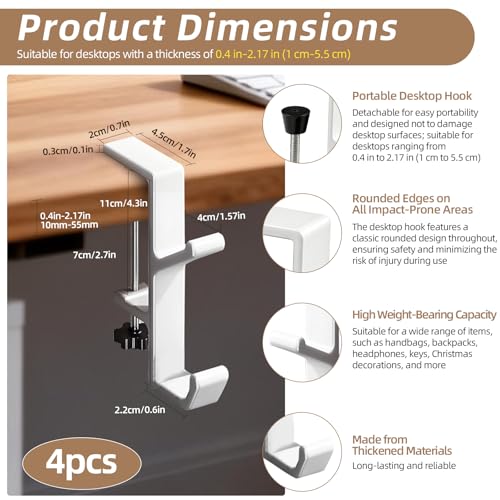 Desk Mount Bag Holder Hook Clamp,On Backpack Hanger Portable Desk Mount Headphones Holder for Reduce Desk Clutter Table Desk Table Hanging Storage (4 Pcs-Double Hook White) - color: 4 Pcs-Double Hook White