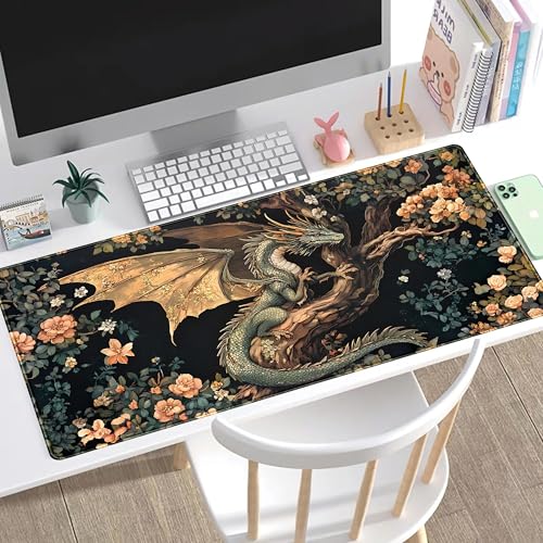 Desk Mat Cute Enchanted Forest Dragon Kawaii Mouse Pad XXL Large Extended Vintage Academia Anime Desk Pad, Cozy Computer Playmat Laptop Keyboard and Mouse Mat with Stitched Edges, 31.5x15.7 in - color: Black Forest Dragon
