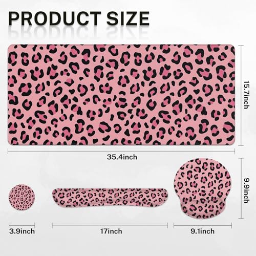 Arttown Leopard Desk Mat Pink and Black Leopard Mouse Pad Set 4 in 1 Ergonomic Design Large Mouse Pad + Keyboard Wrist Rest + Mouse Wrist Rest + Coaster Suitable for Home Office Study Game - color: Pink Black Leopard