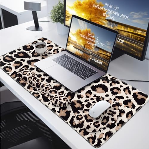 iLeadon Mouse Pad Set, Desk Mat + Mouse Pad with Wrist Rest + Keyboard Wrist Rest + Coaster, 4in1 Leopard Mouse and Keyboard Pad Set for Home Office, Classic Leopard - color: Classic Leopard