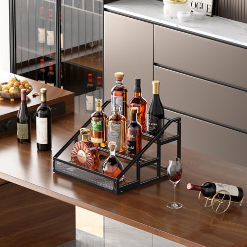 B4Life 3-Tier Liquor Bottle Display Shelf, Countertop Liquor Wine Rack, Bottle Storage Organizer for Whiskey and Spirits, Retro Bar Shelves and Shelf Stand, Mini Liquor Cabinet