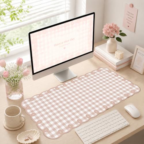 Cute Kawaii Light Brown Scalloped Desk Mat Gingham Checkered Large Mouse Pad Vintage Farmhouse-Inspired Cottagecore Office Desk Decor Stitched Nonslip Pad for Computer Keyboard & Mouse 31 * 15.7in - color: A1- Light Brown