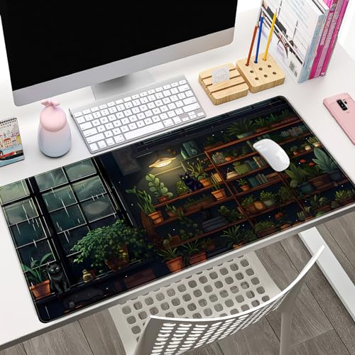 Lofi Cat Desk Mat Dark Green Plant Books Desk Pad Black Cat Aesthetic Anime Big Mouse Pad Large Gaming Mousepad XL Cool Keyboard Pad Deskmat Laptop Computer Mouse Mat 31.5X 15.7in - color: A Lofi Cat