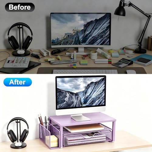 Spacrea Desk Organizer and Accessories, Computer Monitor Stand Riser with Drawer and 1 Open Pen Holder, Printer & Laptop Stand, Office Desk Accessories for Home Office Supplies (Purple) - color: Purple - Metal Drawer