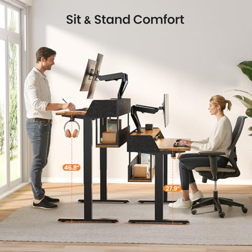 ErGear Electric Standing Desk, 55x28 Inch Adjustable Sit Stand Desk with Bookshelf & Monitor Stand, Standing Gaming Desk with LED Light Strip, Stand Up Desk for Home Office, Vintage Brown - color: Vintage Brown, size: 55*28 Inch with shelf