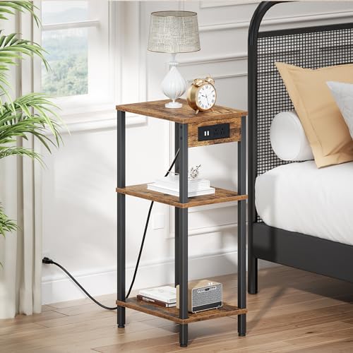 Creso hom Side Table with Charging Station, Tall End Tables Living Room, 30 Inch Skinny Night Stand with Storage, Small Bedside Tables for Bedroom, Office, Dorm, Hallway, Rustic Brown - color: Rustic Brown, size: 11"D x 15"W x 30"H