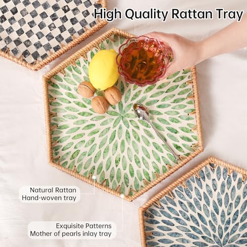 Hexagon Rattan Tray with Mother of Pearl Inlay, Rattan Serving Tray for Coffee, Bread, Fruits, Snacks, Decorative Wicker Tray for Table Decor, Home Decor (Green Leaves, 14.5"×12.8") - color: Green Leaves