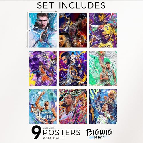 BigWig Prints Basketball Posters - Basketball Posters for Boys Bedroom, Nba Art for Boys Room, Sports Wall Decor, Kobe Bryant, Lebron James, Steph Curry, Kawhi Leonard - Unframed Set of 9 (8x10) - color: Basketball Mix