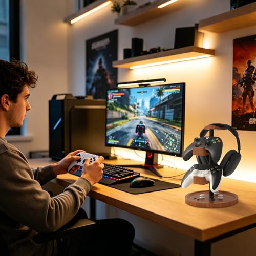 Headset Stand with Gaming Controller Holder,Dual Controller Organizer Rack, Solid Wood Headphone Stand with Storage Base, Gaming Equipment Accessories for Desk