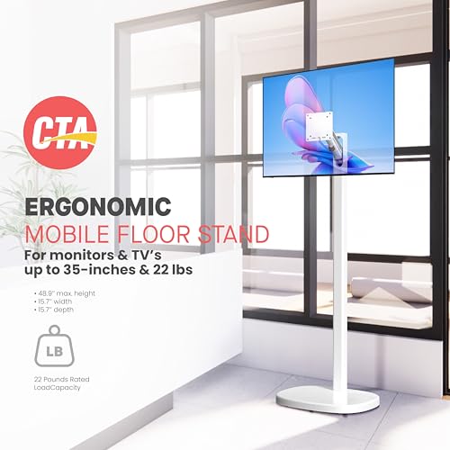CTA Ergonomic Floor Stand For Monitors & TV’s Up To 35-inches & 22 lbs - Mobile Stand With Anti-Knockdown Base & Height Adjustable - Commercial Grade - (ADD-MSADFS)