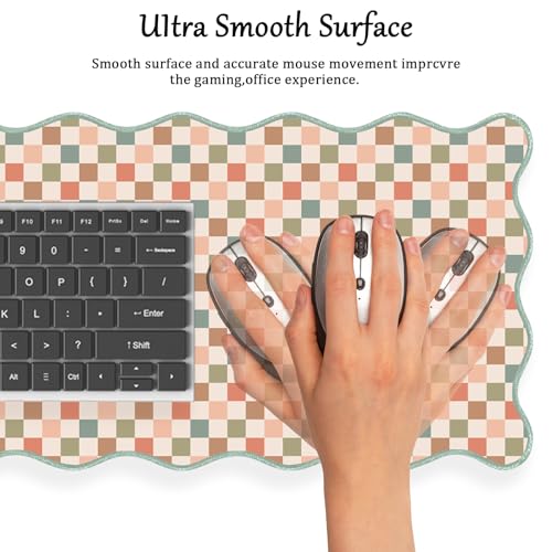 Scalloped Desk Mat Extended Large Cute Mouse Pad XXL Aesthetic Desk Pad Boho Plaid Mousepad Retro Beige Checkered Mouse Pad for Keyboard Computer Stitched Edges Non-Slip Home Office 31.5X15.7Inch - color: Multi, size: 31.5" x 15.7"