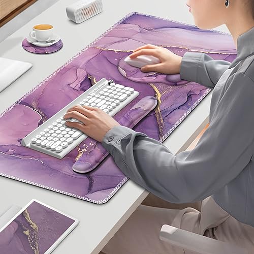ToLuLu Desk Mat, XXL Large Mouse Pad Wrist Support Set,4 in1 Gaming Mousepad Desk Pad+ Ergonomic Mouse Pad with Wrist Rest + Keyboard Wrist Rest+Coaster for Women Home Office Computer, Purple Marble - color: Purple Marble