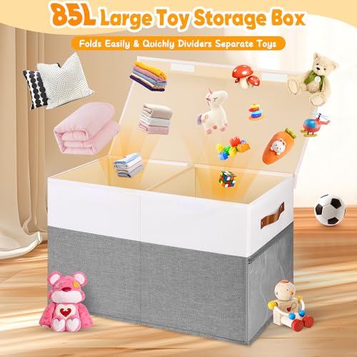 Mabahoo Large Toy Box, Collapsible Sturdy Storage Chest With Lids, Kids Toy Chest Storage Organizer Toddler Bin Boxes for Living Room, Bedroom, Nursery, 25"x13"x16", White & Gray - color: White and Gray