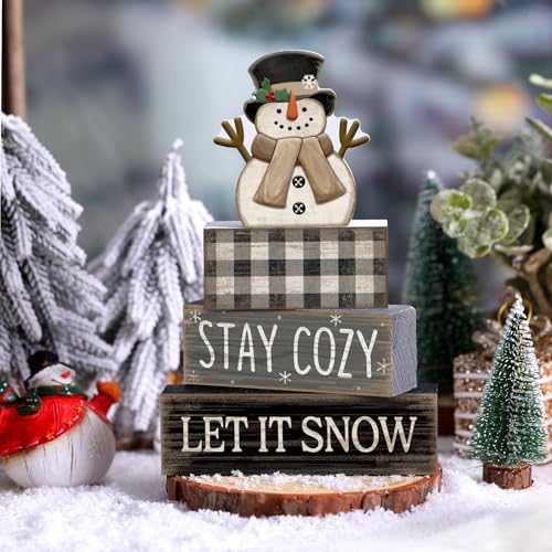 Yuntau 4 Pcs Winter Table Decorations Wooden Snowman Winter Tiered Tray Decor Rustic Block Signs Gift Farmhouse Christmas Centerpiece for Tables Party Kitchen Shelf Home - style: Let It Snow