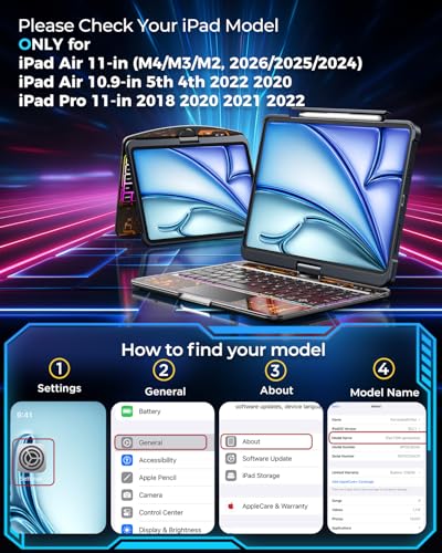 TSQQST Clear Keyboard Case for iPad Air 11 Inch (M4/M3/M2, 2026/2025/2024)/ iPad Air 5th/4th Generation 10.9" / iPad Pro 11" 1st/2nd/3rd/4th, Trackpad, Pencil Holder, 7-Color Backlit, Rotatable, Black - color: Clear+Black, size: Air11/10.9/Pro11 1/2/3/4