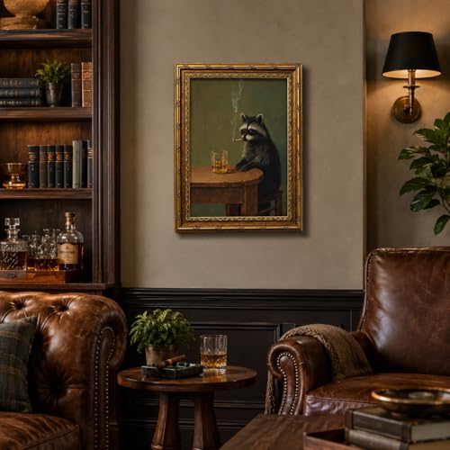 Electrilucn Vintage Gold Framed Smoking Raccoon Canvas Wall Art Moody Humor Raccoon Wall Decor Picture Funny Dark Academia Whimsical Animal Poster Prints for Living Room Bedroom Man Cave Decor 16x24in - color: Raccoon, size: 24"L x 16"W