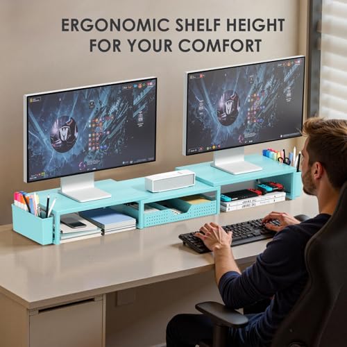 OPNICE Desk Organizers and Accessories, Dual Monitor Stand Riser with Drawer and 2 Pen Holders, Desk Shelf Metal Computer Monitor Stand for Office Workspace Organizers, Desktop Organization (Blue Metal) - color: Blue Metal