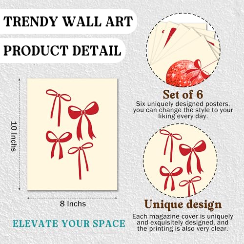 Isfvqyub Preppy Red Bow Wall Art, Aesthetic Coquette Lucky 8 Balls Poster For Girl Women, Trendy Girly Disco Ball Wall Decor For Bedroom Dorm College Apartment, Set Of 6 -A11 - size: Red Bow