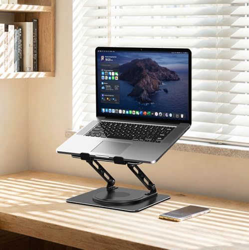 Adjustable Laptop Stand for Desk with 360 Rotating Base, Metal Foldable Laptop Riser Holder, Portable Desktop Book Stands, Ventilated Cooling Computer Notebook Stand Compatible with 10-15.6” Laptops - color: Dark Black-360°