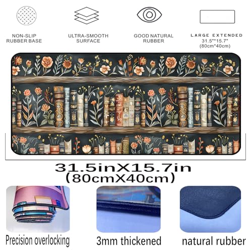 Vintage Flower Bookshelf Desk Mat, Library Book Mouse Pad Desk Pad, Extended Large Gaming Computer Laptop Keyboard and Mousepad, with Stitching Edges, for Women Office Desk Decor 31.5"X15.7" - color: Black Flowers