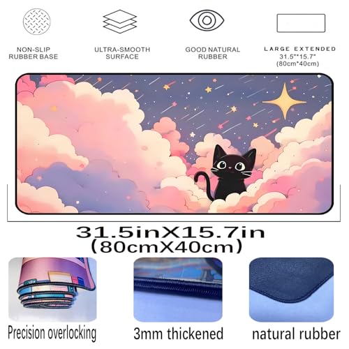 Anime Desk Mat,Pink Purple Clouds Mouse Mat Desk Pad, Cute Black Cat Game Mousepad, Full Deskmat, Extended Computer Desk Keyboard Mat, for Women Office Desktop Decor Aesthetics 31.5"X15.7" - color: Pink Clouds