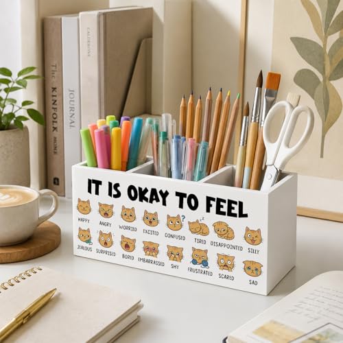 Mental Health Cat Feelings Chart Pen Holder for Desk, Kids SEL Emotions Chart Educational Wooden Box Sign Desk Storage Organizer for Classroom Counselor Therapy Office Calming Corner - color: Cat Feelings