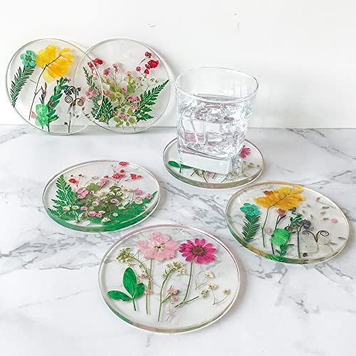 Floral Coasters for Drinks: Handmade Resin Coasters Tabletop Protection Cup Mat Round Coaster Set with Real Flower for Women Coffee Table Home Decor (Set of 6)