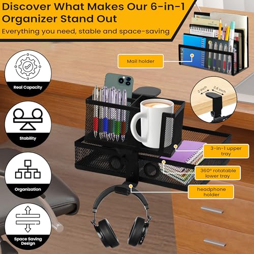 6-in-1 Clamp On Desk Organizer with Cup Holder & 360° Rotating Under Desk Drawer, Swappable Parts, Easy to Install Standing Desk Drawer Attachment, Space-Saving for Home & Office