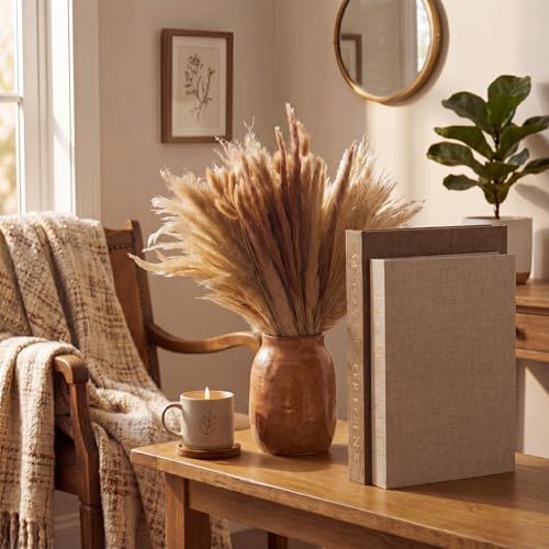Junkin Set of 2 Decorative Books for Home Decor with 60 Pampas Grass Aesthetic Linen Fake/Faux Books Hidden Storage Boxes Modern Farmhouse Bookshelf Decor for Home Coffee Table Shelf Mantel
