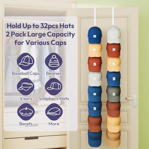 SWTYMIKI Over Door Hat Organizer - 2 Packs Metal Wall Mounted Hat Rack with 16 Hooks Design, Hanging Baseball Cap Organizer Storage Holds up to 32 Caps for Door, Bedroom, Closet(White) - color: White, style: Single hook