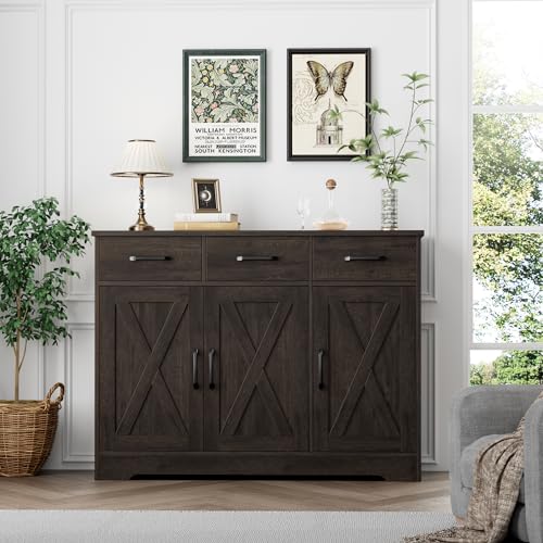 HOSTACK Modern Farmhouse Buffet Sideboard Cabinet, Barn Doors Storage Cabinet with Drawers and Shelves, Wood Coffee Bar with Storage for Dining Room, Kitchen, Living Room, Dark Brown - color: Dark Brown