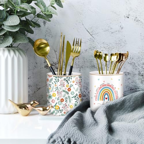 Pen Holder, Ceramic Durable Pencil Cup for Desk, Simple&Modern Style Makeup Organizer, Cute Multifunctional Office Supplies for Home, Kids and School, Rainbow Pattern - color: Rainbow Pattern