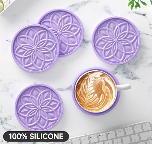 HFHOME Silicone Coasters Set for Drinks - 6 Pack With Holder, Table Cup Mat for Coffee Table, Desk, Bar - Tabletop Protection Gift - Light Purple - color: Light Purple