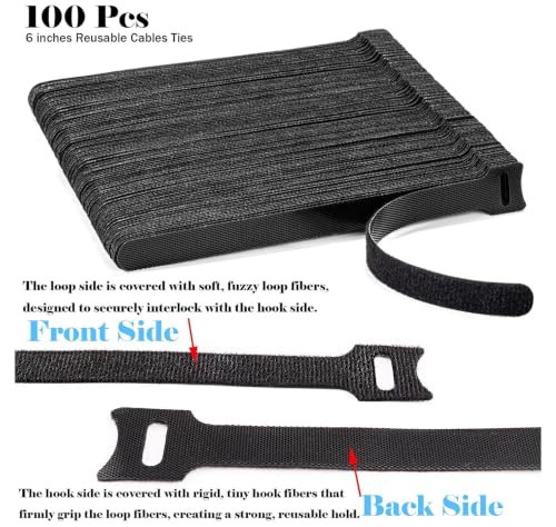 100PCS Hook and Loop Straps - 6 Inch Reusable Cable Ties for Cable Management, Adjustable Cord Organizer Hook & Loop Straps for Home, Office and Data Centers, Black