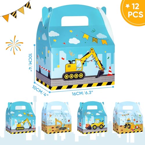 WERNNSAI 12 Pcs Construction Favor Boxes Truck Candy Treat Gift Boxes Decor | Engaging Construction Theme, Double-sided Design Styles, Vibrant Printing Quality, Sturdy and Easy to Assemble - color: Construction C