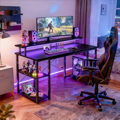 ODK 48 inch Gaming Desk with LED Lights, Computer Desk with Monitor Stand & Storage Shelves, CPU Stand, Home Office Desk, Black - color: Black, size: 48 inches