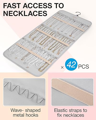 BAGSMART Hanging Jewelry Organizer Storage Roll with Hanger Metal Hooks Double-Sided Jewelry Holder for Earrings, Necklaces, Rings on Closet, Wall, Door, 1 piece, Large, Grey - color: Grey, size: Large