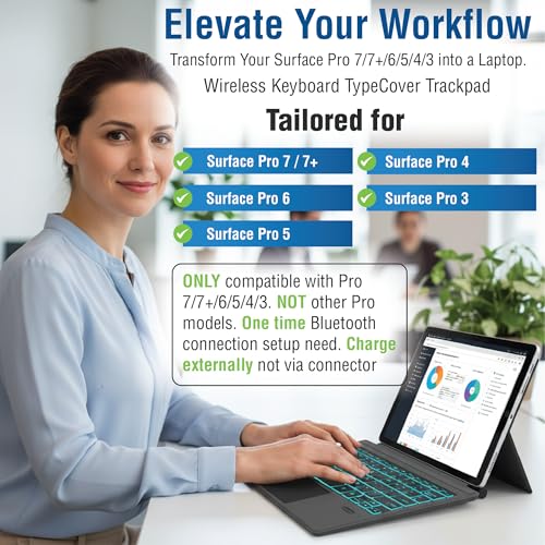 Wireless Keyboard Type Cover Trackpad Mouse Replacement for Microsoft Surface Pro 7 Pro 6 Pro 5 Pro 4 Pro 3 Bluetooth 7-Color LED Backlit Ultra-Slim Rechargeable Battery Multi-Touch