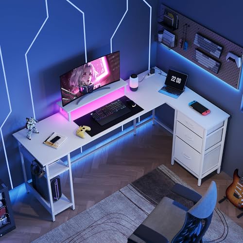 DEVAISE 66 Inch L Shaped Gaming Desk with Drawers and Storage, Corner Desk with LED Lights, Power Outlets, Computer Desk with Monitor Stand, Office Desk for Home, White - color: White, size: 66 Inch
