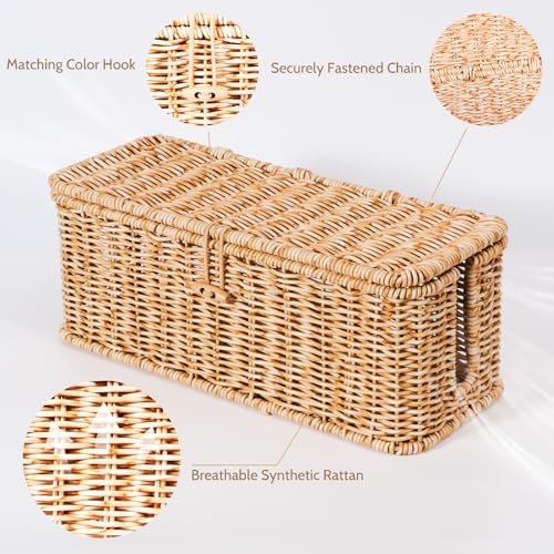 BROWNLILY Cable Management Box, Rattan Style Cord Organizer for Desk Cord Hider Outlet Covers for Power Strip TV PC Router Charger Under Desk Storage with Lockable Lid and Cable Ties - color: Natural, size: Set (L+M)