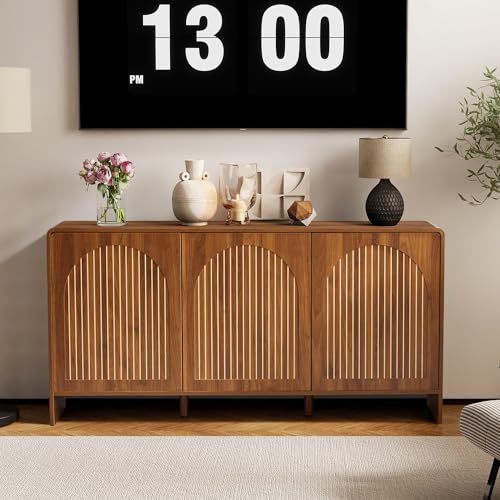 59" Long Buffet Cabinet with Storage, 3 Door Sideboard Kitchen Cabinet with Adjustable Shelf, Wood TV Stand Console Table for Living Room, Arched Accent Sorage for Coffee Bar (3 Doors - Walnut)